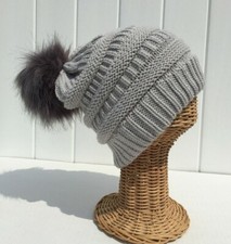 New Gray Knitted with FAUX FUR POM Winter BEANIE HAT Warm Soft  G