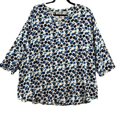 Laura Torelli 3/4 Sleeve Popover Blouse Womens L White Blue Polka Dot Rayon