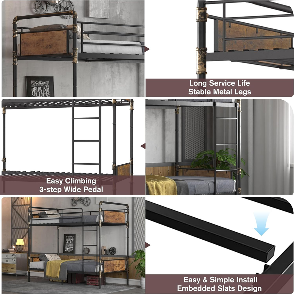 2 in 1 Metal Bunk Bed Twin over Twin, Convertible Twin Bunk Beds into 2