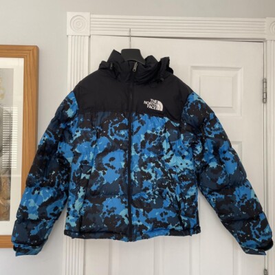 north face puffer jacket mens retro blue camo small UK
