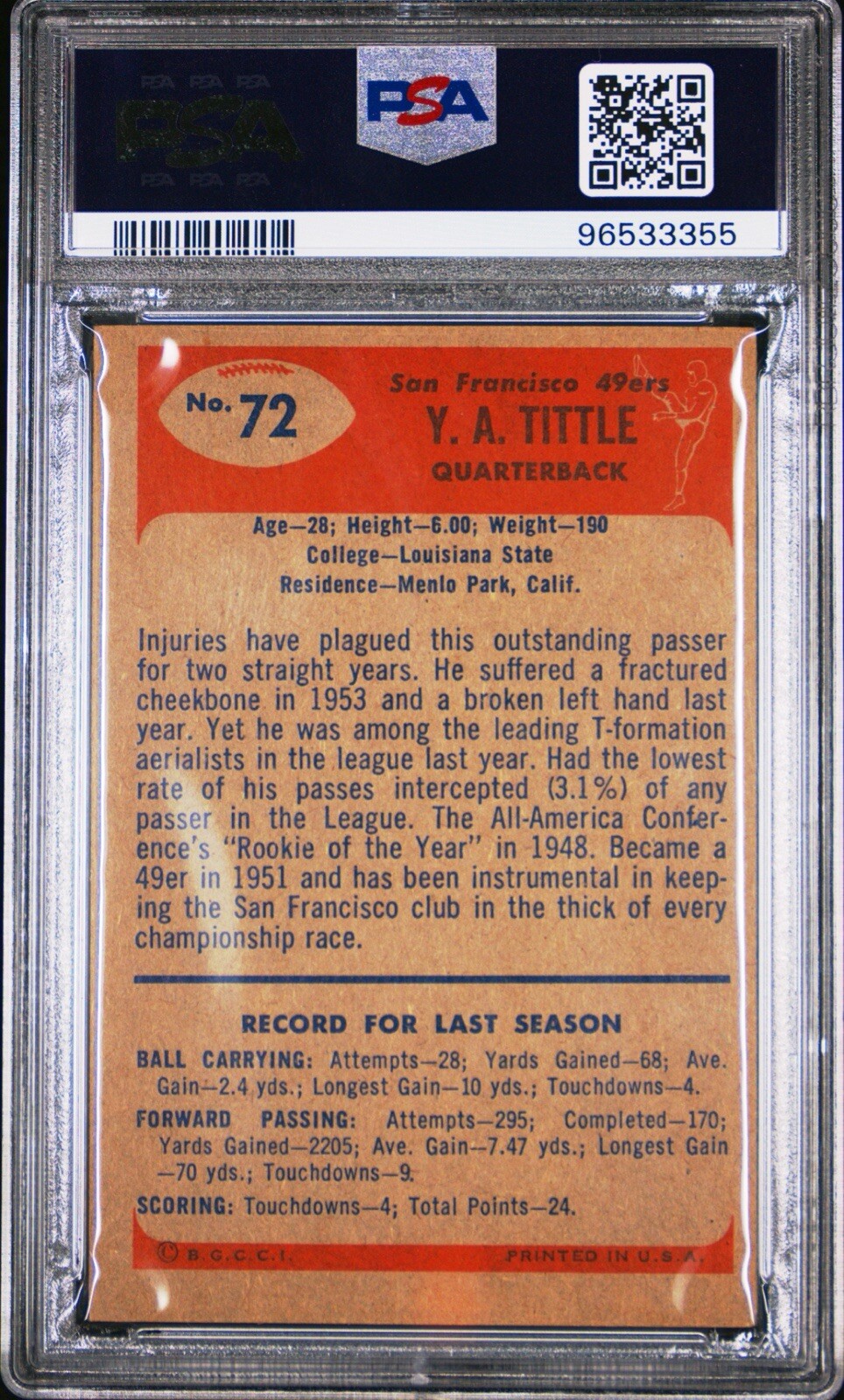 1955 Bowman #72 Y.A. TITTLE PSA 3 VG HOF Newly Graded Beautiful Coloring POP 30! view 2