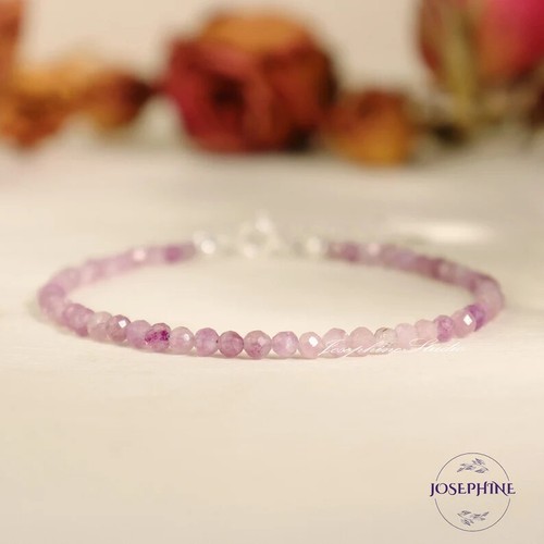 Minimalist Dainty Beads Gemstone Bracelet in Sterling Silver, Kunzite Purple