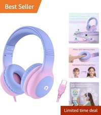 Wired Kids Headphones - 85dB Safe Volume, USB-C, Adjustable Headband, Light Pink