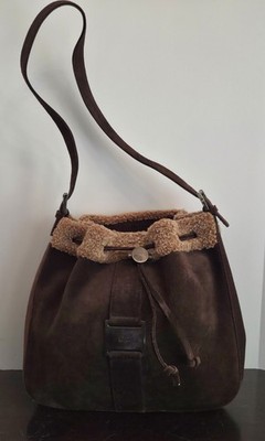 Vtg Stuart Weitzman Brown Suede Hobo Bucket Bag Plush Faux Fur Trim Drawstring 
