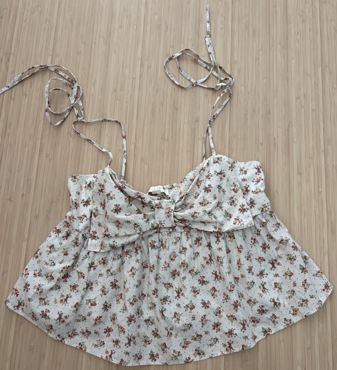 Thirty Thirty LA, Sweetheart Bow String Tie Peplum Crop Top - Size L