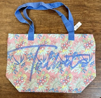 Talbots Women's Canvas Tote Bag Oversize Beach Bag Open Top Logo Floral Blue NWT