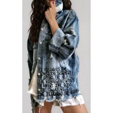Wren + Glory Dripping Heart Painted Distressed Denim Jacket Blue Oversized S / M