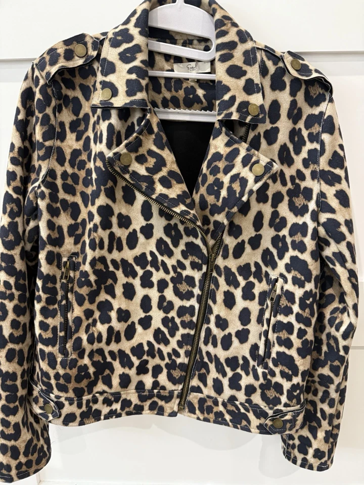 Easel Los Angeles Moto Jacket NWT Faux Suede Leopard Print Boxy Fit Women’s Sz S