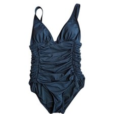Classic Black Ruched V-Neck One Piece Swimsuit Tummy Control Bathing Suit Sz 10