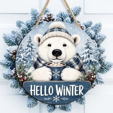 Hello Winter Door Hanger, Winter Wooden Front Door Sign with Cute Polar Bear,
