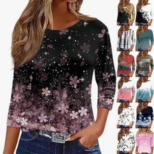 UK LADIES CASUAL TOPS PRINTED SHIRTS 3/4 SLEEVE LOOSE TEE BLOUSE PLUS SIZE 8-22