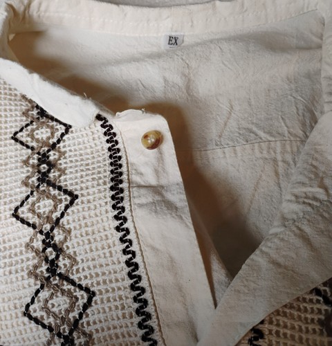 L Beige Guayabera Shirt - Geometric Embroidery - Good Cond. - Picture 4 of 5