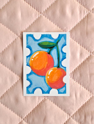 Original ACEO Orange Bunch *PRINT* Nature Landscape, Painting, Fruit, Blue Stamp