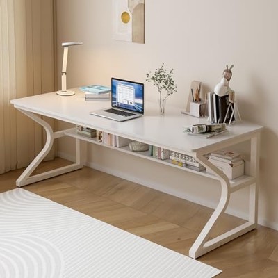 Extra Long Desk with Bookshelf - 63'' Double Long 63x23.6 inch Warm White