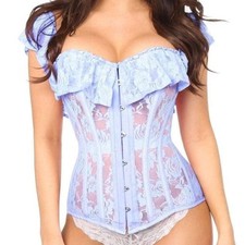 Daisy Corset Top Drawer Pastel Blue Sheer Lace Steel Boned Bustier Sleeves S-6XL