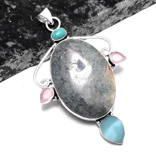 Moss Agate Traquoise Ethnic Handmade  Pendant Jewelry 3.04" P-1010