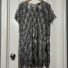 Lulus On the Dance Floor Grey Sequin Fringe Short Sleeve Party Disco Shift Dress