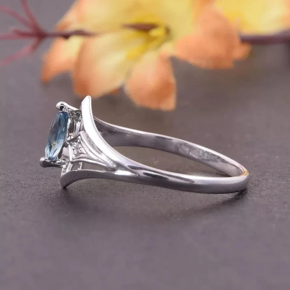 Anel feminino estilo exclusivo corte marquesa safira criado em laboratório ouro branco 14k FN - Imagem 4 de 4