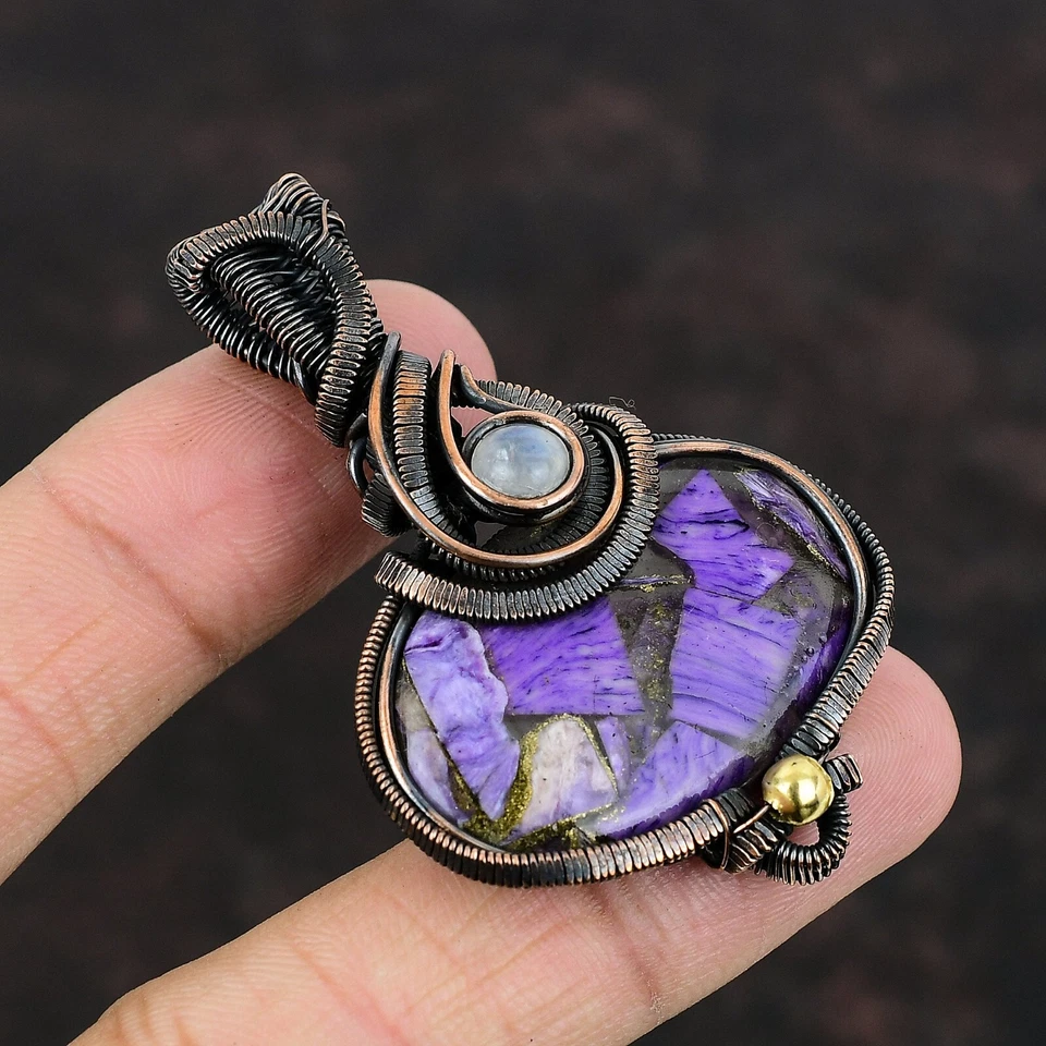 Women Day Gift Russian Charoite Wire Wrapped Pendant Copper For Women 2.36" - Image 2 of 4