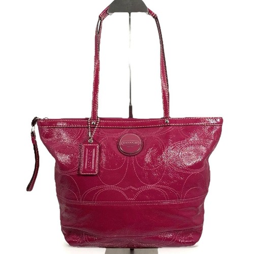 COACH Patent Leather Stitched C Signature Stripe Shoulder Bag F15142 Berry Pink