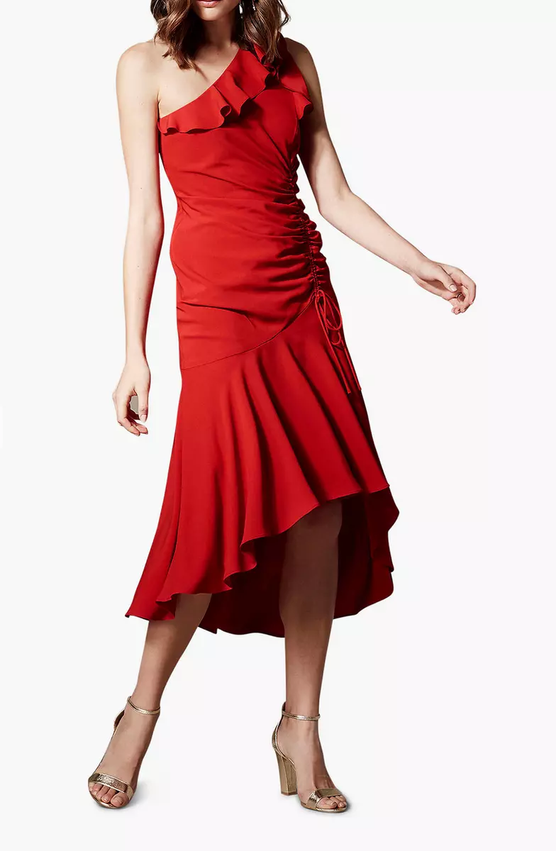 NWT $499 Karen Millen Peplum Hem One Shoulder Dress Flared Red Skirt size 4