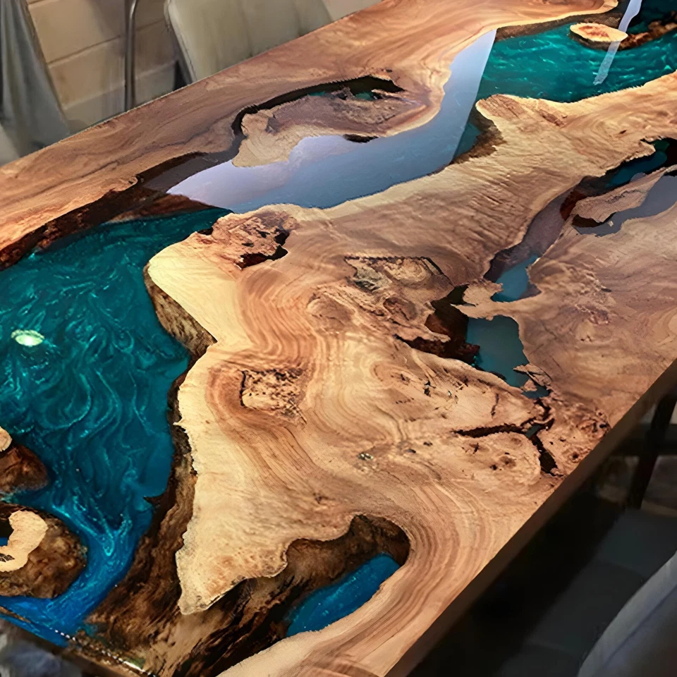 Custom Golden Charmhor and Olive Epoxy River Dining Table Top | Handmade Artisan - Image 2 of 4