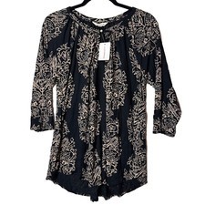 Lucky Brand Tunic Top Sz 1X NEW Black Embroidered Boho 3/4 Slv Cottage Peasant