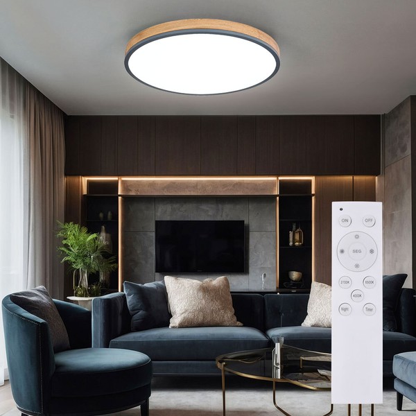 Deckenleuchte Deckenlampe Holzoptik Wohnzimmerleuchte Dimmbar Fernbedienung Led-image