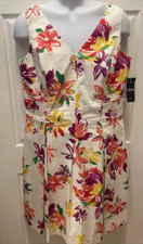 NWT Chaps SZ 16 Dress Sleeveless V-Neck Knee Length Floral Flare Cotton Stretch 