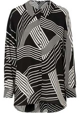 Longbluse Gr. 42 Schwarz Weiß Graphisch Damen Langarmbluse Hemd Tunika Neu