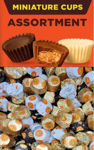 REESE'S-ASSORTED DARK/WHITE/MILK CHOCOLATE MINIATURE PEANUT BUTTER CUPS-BULK NOW - Picture 1 of 6