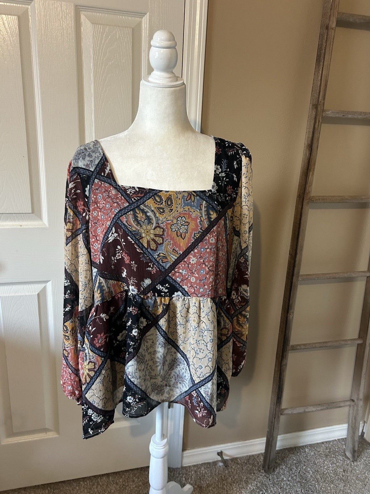 American Eagle Patchwork Floral Boho Babydoll Lon… - image 1