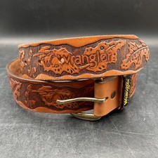 Vtg WRANGLER Western Belt Mens 36 Brown Leather Tooled Cowboy acorn leaf 4005
