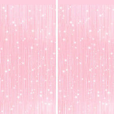 2Pack Pastel Pink Metallic Tinsel Foil Fringe Curtains, Pink Backdrop, Door Stre