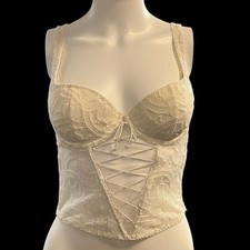 Victorias Secret Corset Top White Lace Mesh Lace Up 34C Bustier Coquette Fairy