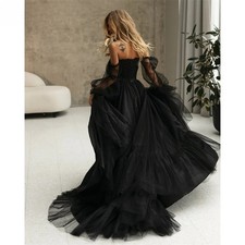 Princess Black Tulle Wedding Dress A Line Off The Shoulder Wedding Gown Lace Up