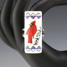 NATIVE AMERICAN ZUNI STERLING SILVER & INLAY CARDINAL RING BY QUINTIN QUAM