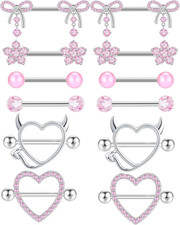 TIANCI FBYJS 6 Pairs 14G Nipple Rings for Women 316L Stainless Steel Heart Bow C