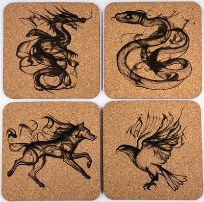 Laser Engraved Cork Coasters - Mystical Smoke Animal Design - Set of 4