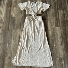 Shein Dress Womens Medium Cream Tie Front Cutout Short Sleeve Maxi Casual