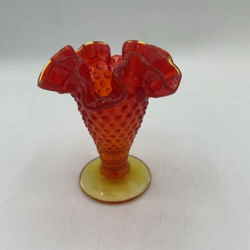 Fenton Amberina Hobnail Ruffled Bud Vase 3 1/2” Trumpet Style  Vintage 1960's