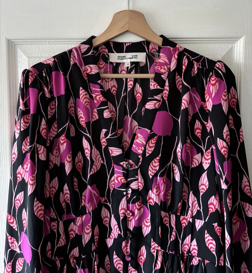 diane von furstenberg dvf dress US 14 UK 18 black pink midi button ...