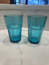 IKEA Pokal Glass Teal Blue Green Tumbler 9 Panel 5.25” Set Of 2