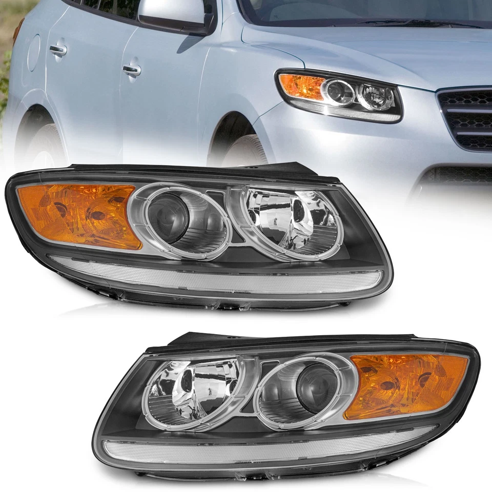 For 2007-2012 Hyundai Santa Fe Halogen Headlamps Black Headlights L+R Pair Foto 2 de 4