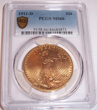 1911-D $20 Denver GEM St Gaudens Double Eagle PCGS MS66!!!