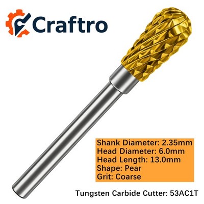 Craftro 3/32'' Carbide Cutter Bur Pear 53A Coarse Titanium Coated 1/pk 6*13mm