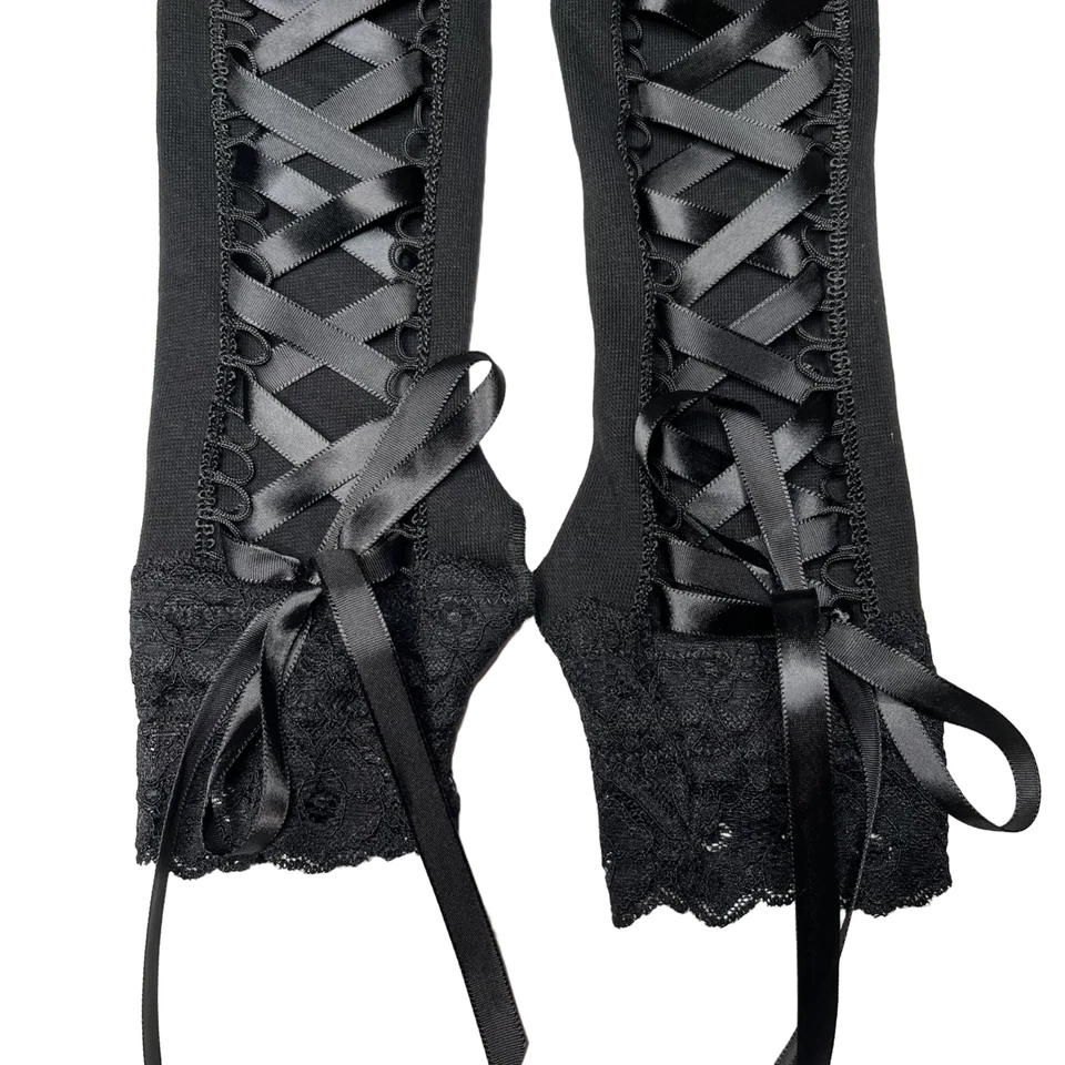 Womens Lace Up Long Corset Gloves Black Elbow Length Fingerless Gloves Gothic OS - Image 4 of 4