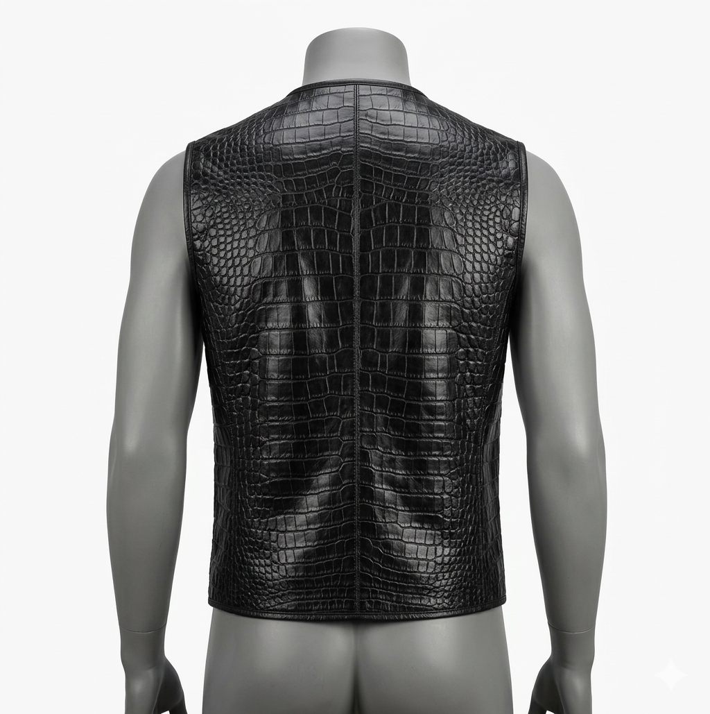 Men Crocodile Embossed Leather Vest Biker Zip Waistcoat Black