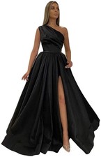 Women's Prom Dresses Long Ball Gown for Teens One Shoulder Satin A Line Black