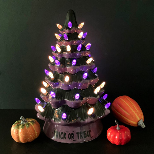 Halloween Tree Light Up Ceramic Purple Black Battery Trick or Treat 13.5" *READ*